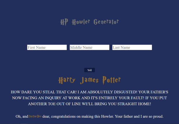 screenshot of harry potter howler website